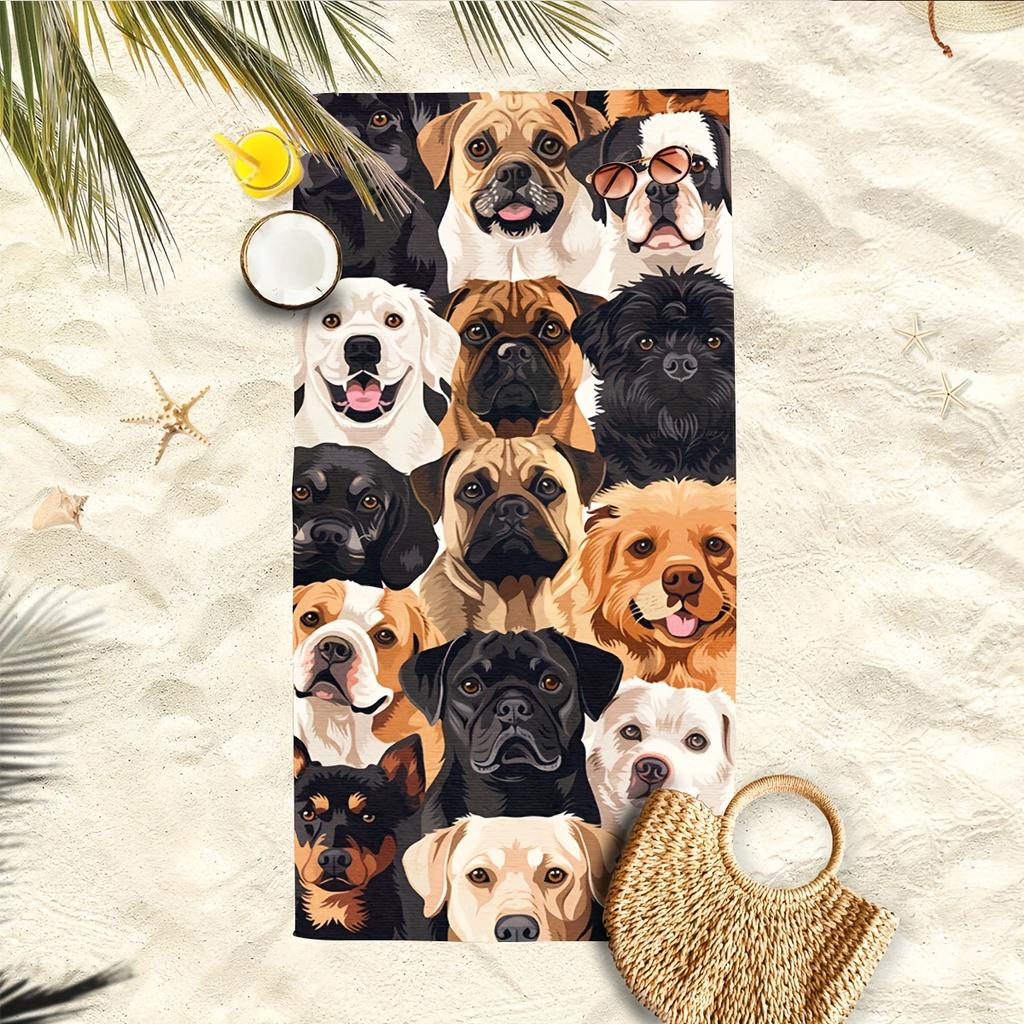 Microfiber Oversized Beach Towel with Cute Dog Print - Modern Style, Machine Washable, Animal Theme, Soft Knit Fabric,   Pool