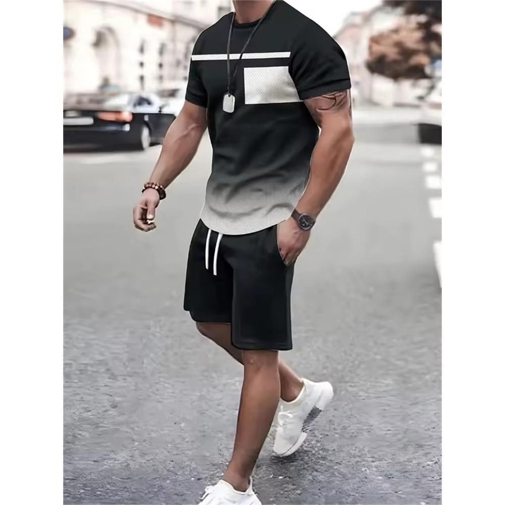 Striped And Geometric Pattern Men's Fashion Tie-dye Sets Summer 3d Gradient Printed Short Sleeve T-Shirts And Shorts Two Piece