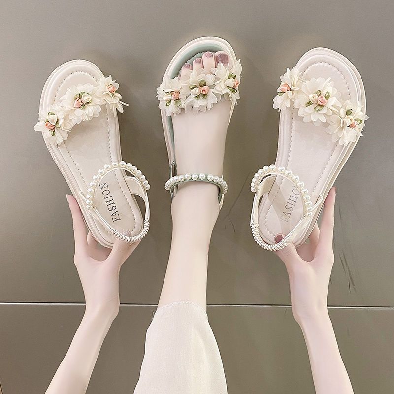 Flower Sandals Female Summer All-match Thick Bottom Korean System Slope with Flat Bottom Roman Shoes