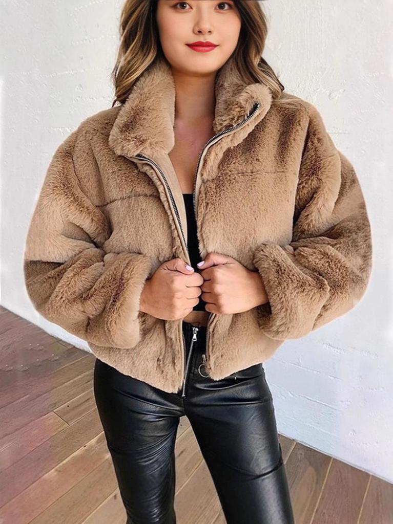 2025 European & American Women's Plush Faux Fur Zipper Cardigan Coat for Autumn & Winter