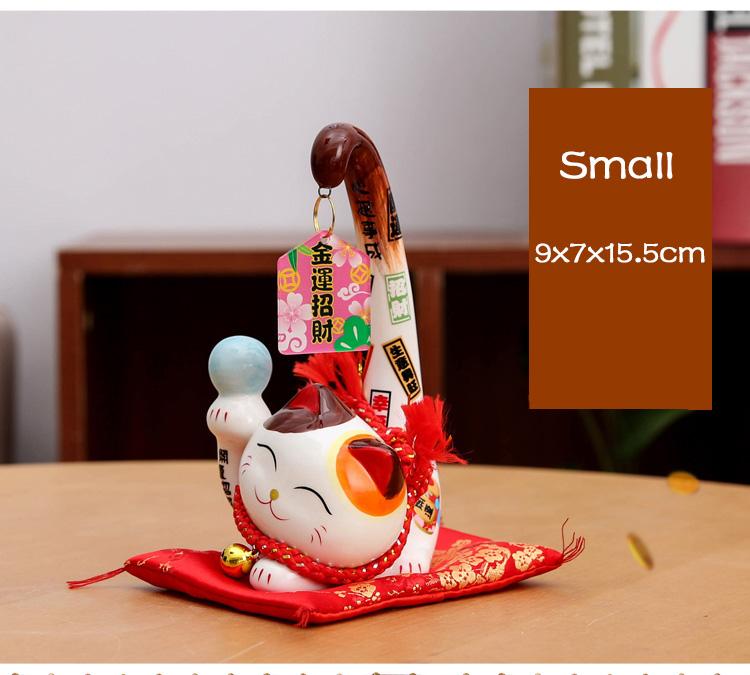 Japanese Style Maneki Neko Ceramic Lucky Cat with Long Tail Fortune Cat Feng Shui Statue Tabletop Ornament Home Decoration
