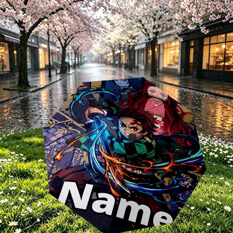 Custom Name Personalized Demon Slayer Anime Print Umbrella, Auto Open Close, 8‑Rib Sturdy Frame, Commute Camping Hiking Use, Birthday Gift