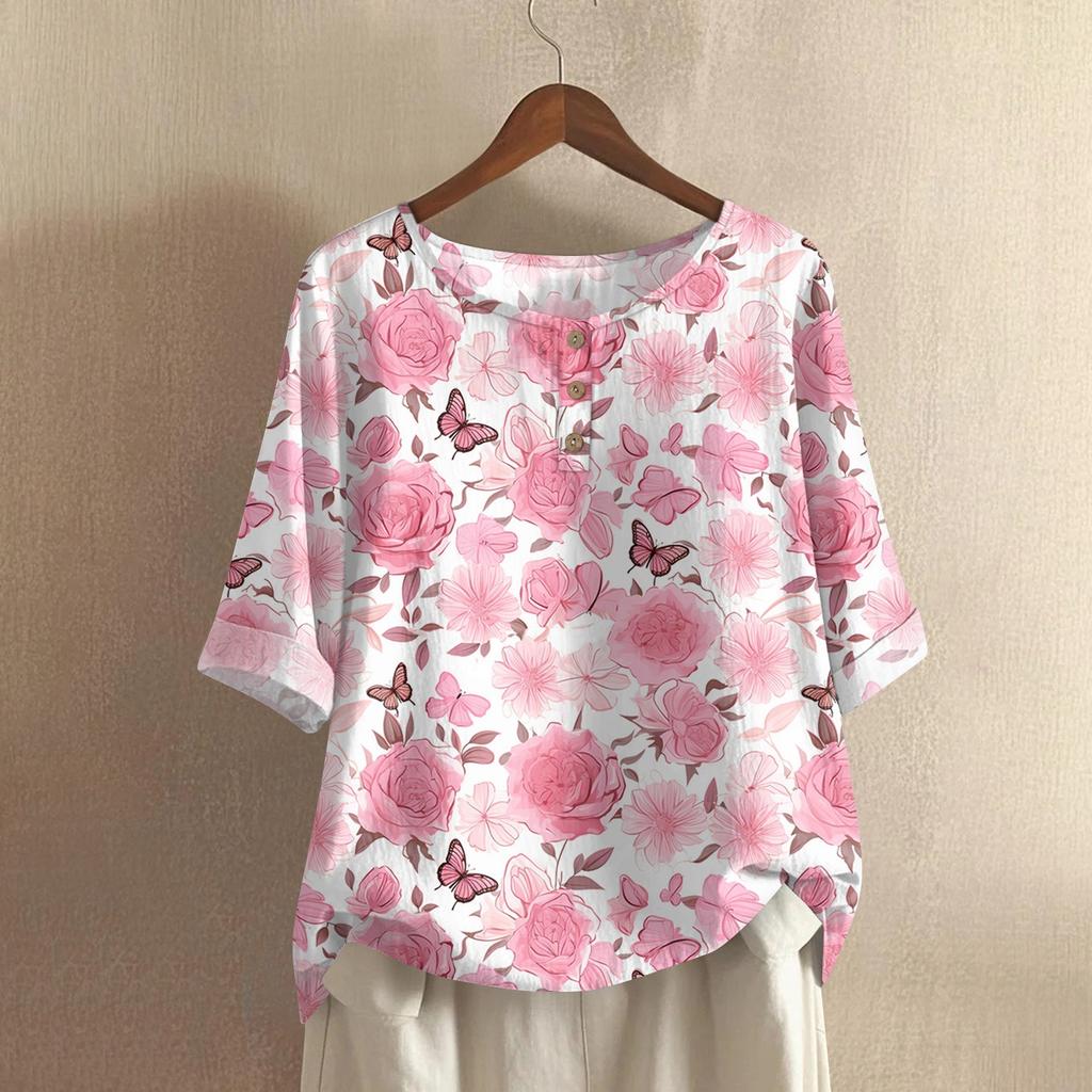 Women's Fashionable And Casual Shirt Half-sleeve Round Neck Print Blouse Top
