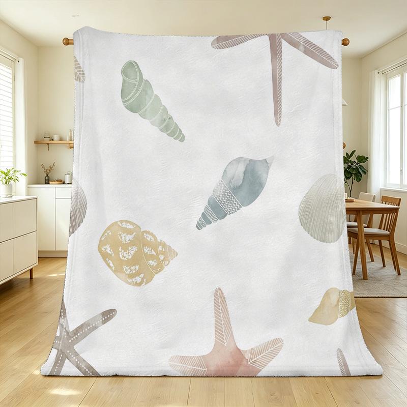 Soft Cozy Flannel Throw Blanket - Pill-Resistant Marine Seashell Starfish Design, Warm Home Decor Blanket, All Seasons, Halloween & Christmas