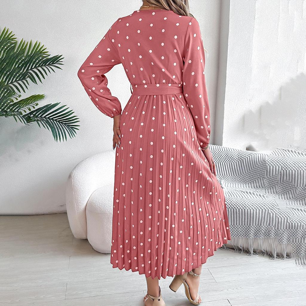 Abito lungo da donna autunno inverno a maniche lunghe con pieghe a pois e vita alta
