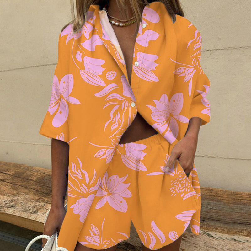 Summer Women's Two Piece Short Sets Women Casual Print Short Sleeve Shirts 2 Piece Set Shorts Loose Office Shirts Suit Outfites