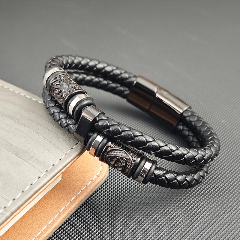 Combination Symbol Accessories Stainless Steel Men's Leather Bracelet Double Weave Suitable for Handsome Boys Birthday Gifts