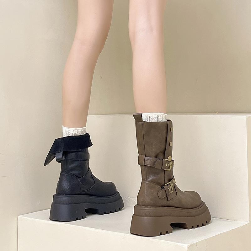 Fashion Versatile Platform Leather Boots Increase the Height of Two Wear Martin Boots Women's Autumn and Winter Retro Buckle Knight Boots Locomotive