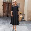 Kvinners Prikket Maxikjole Casual Kort Ermet Flytende Lang Kjole Sommer Rund Hals Boho Sving Solkjole