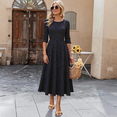 Vestido Maxi Feminino Estampado com Bolinhas Casual Manga Curta Fluido Longo Verão Gola Careca Boho Evasê Vestido de Sol