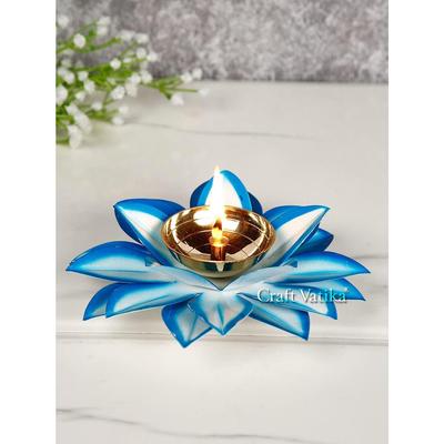Suporte de Lâmpada a Óleo Diya de Latão Lótus Kamal Patti Diyas para Puja Decoração de Templo Doméstico (Céu azul)