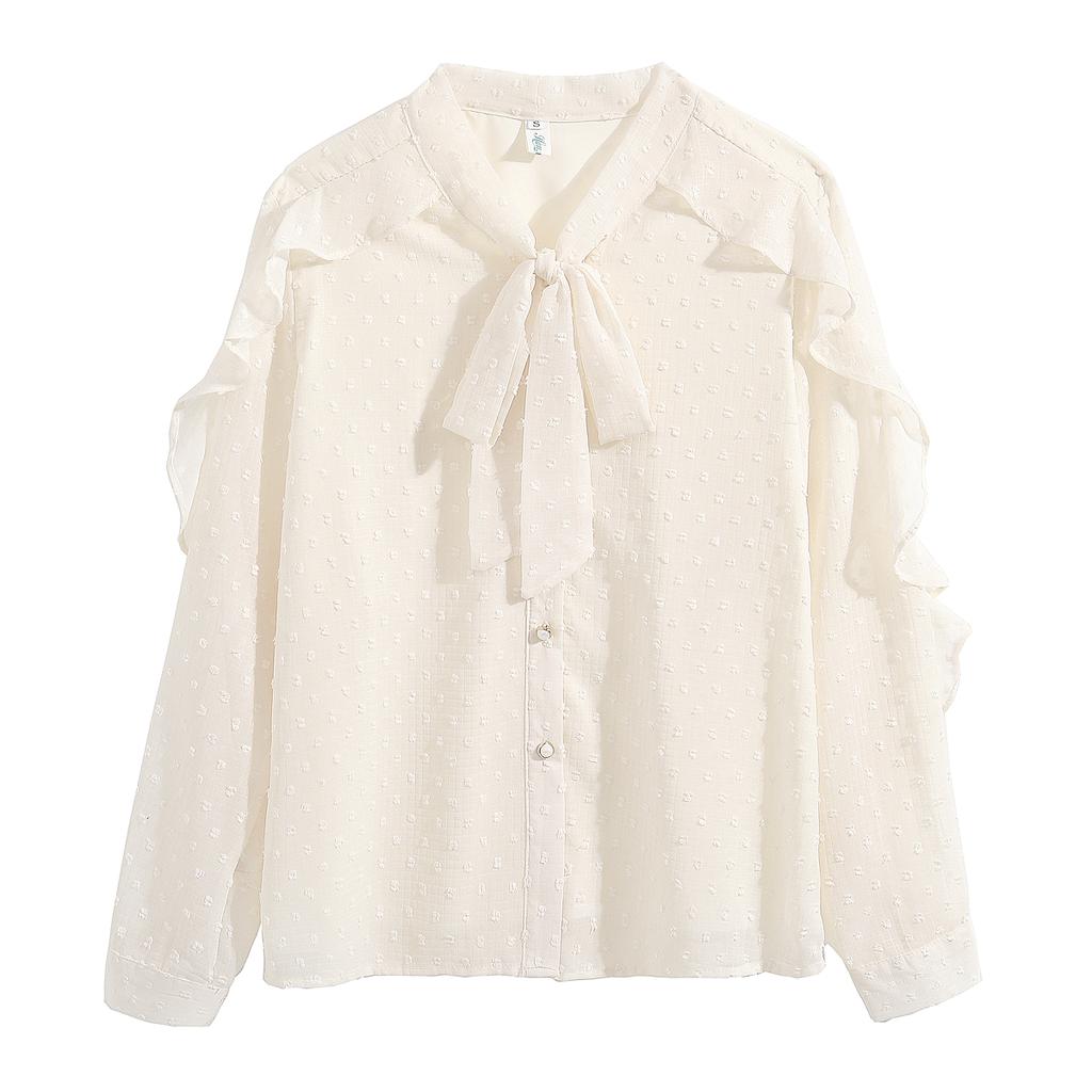 Frühlingsmode Französische Frauen Freizeithemden Langarm Rüschen Polka Dot Bow Bluse