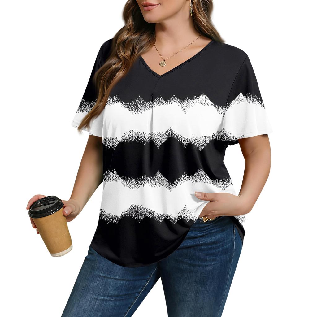 Women's Plus Size Fashionable Casual Loose-Fit Short Sleeve Elegant V Neck Blouse For Work