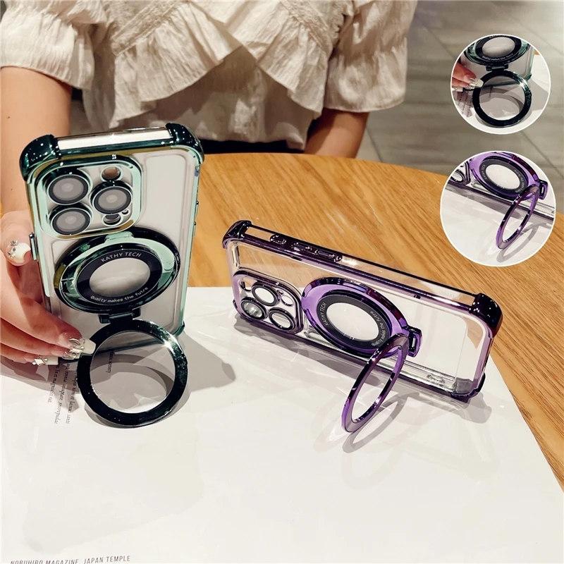 For iPhone 15 Pro Max Luxury Plating Frame Magsafe Magnetic Stand Phone Case For iPhone 11 12 13 14 15 Plus Lens Protective Cover