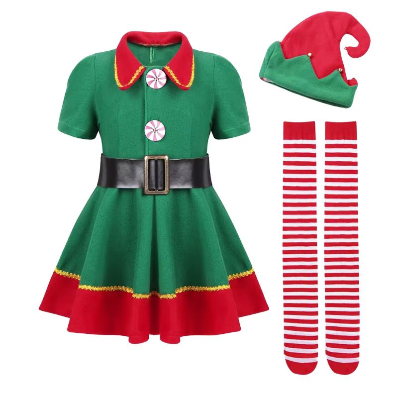 Girls Boys Christmas Elf Costume Xmas Santa Claus Green Elf Dress Kids Outfits Cosplay Clothing Xmas Gifts