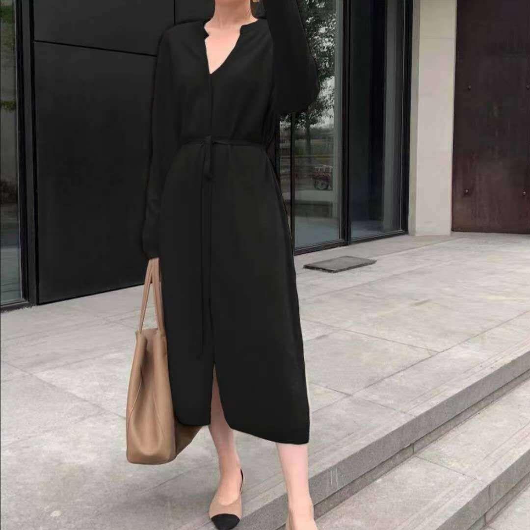 

Весенние и осенние женские платья, низ средней длины, платье-свитер до колена, трикотажные платья с завязками на талии One Size чёрный