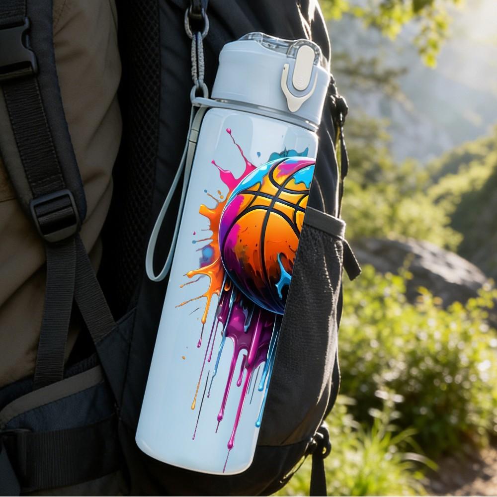 1PC Splash Basketball Color Sports Print 750ml Color Plastic Sports Water Bottle Leakproof Flip Straw Lid Suitable for Sports Office Home Use