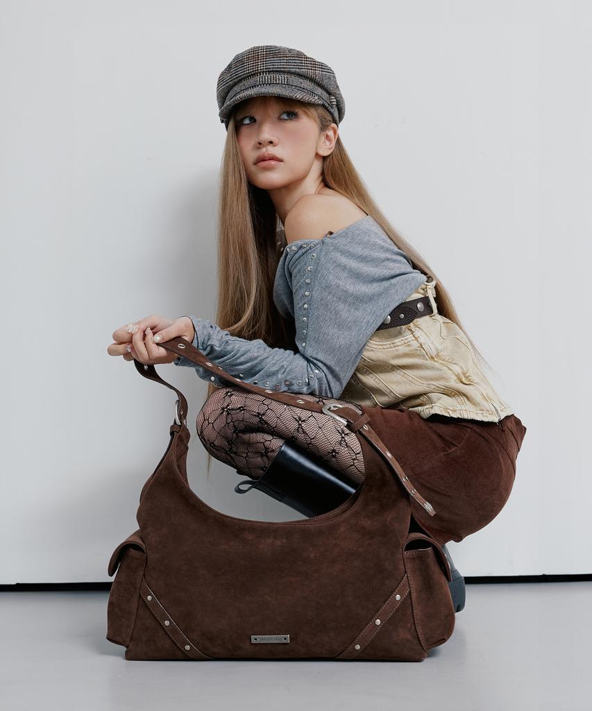 Peanut Loop Stud Buckle Suede Bag Brown