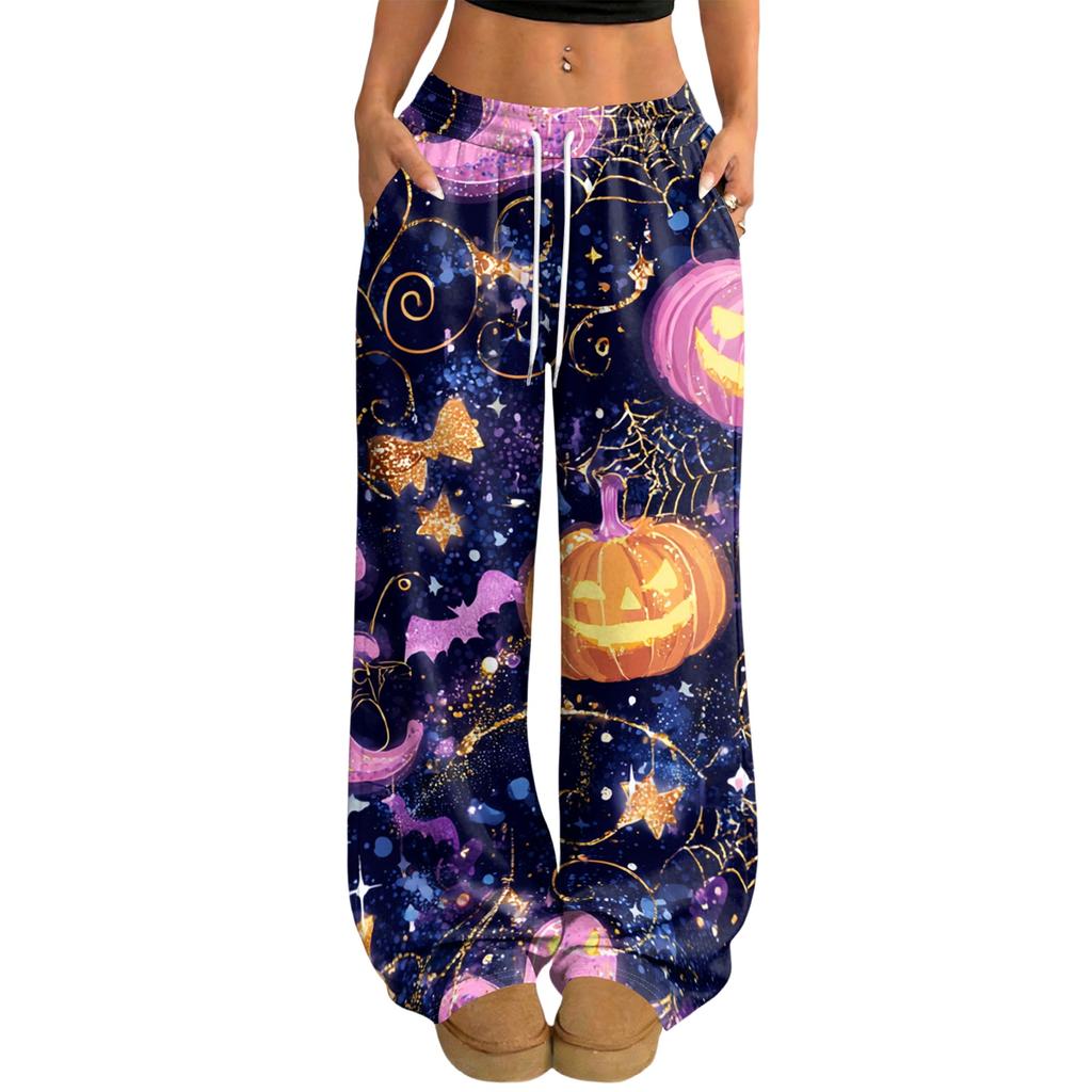 Women's Casual Halloween Print Wide Leg Pants with Elastic Waist and Drawstring for Loose Fit