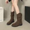 Inner height increase Small retro thick heel short boots Women's 2025 popular new versatile and thin pleated western cowboy boots