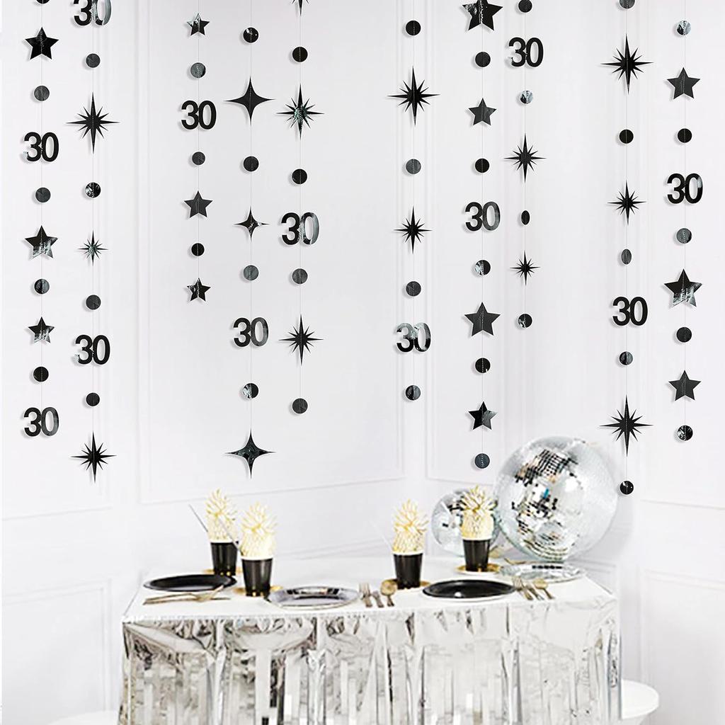 Black 30th Birthday Decorations Number 30 Circle Dot Twinkle Star Garland Metallic Hanging Streamer Bunting Banner Backdrop for Mens Womens Happy