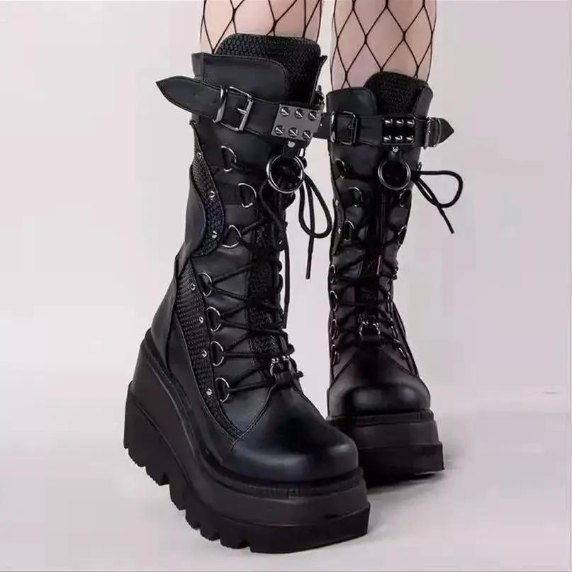 

Women s Boots Platform Boots New Rivet Wedges High Heels Boot Fashion Cosplay Party Women Shoes Black Comfortable Mid-calf Boots 35