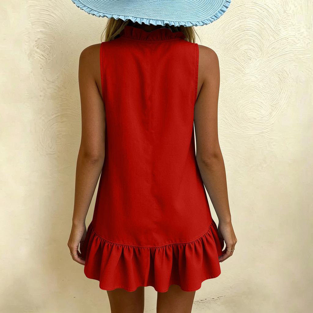 Women's Summer Fashionable Color Sexy V-neck Sleeveless Casual Cotton Linen Ruffle Edge Dress