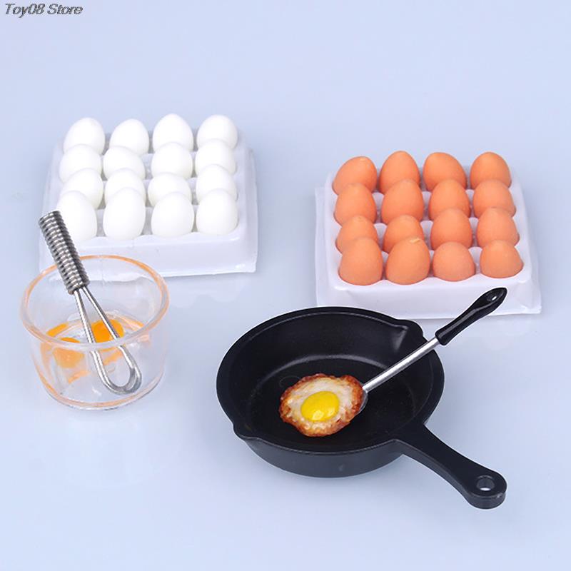 New 1Set Dollhouse Simulation Eggs Miniature Mini Eggs With Tray Dollhouse Kitchen Accessories Model Toys Kitchen Decor