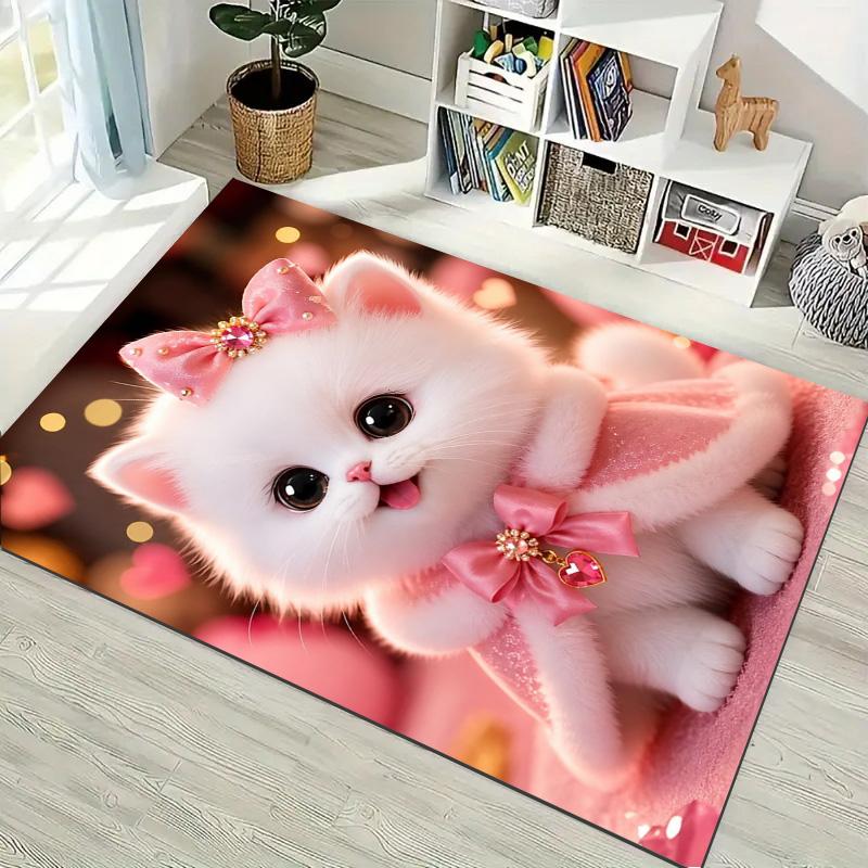 Cute White Kitten Pink Bow Glitter Heart Print Area Rug Non‑Slip Rectangular Floor Mat Lovely Pet Decor Rug for Game Room Bedroom Living Room