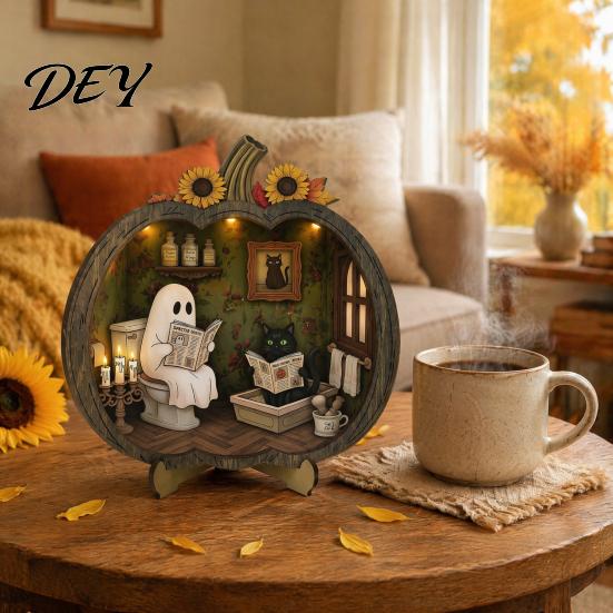 Halloween Bookstore Scene Ghost Wooden Tabletop Ornament, 2D Flat Cute Reading Bathing Whimsical Book Nook Watering Plaque with Stand for Home Shelf,