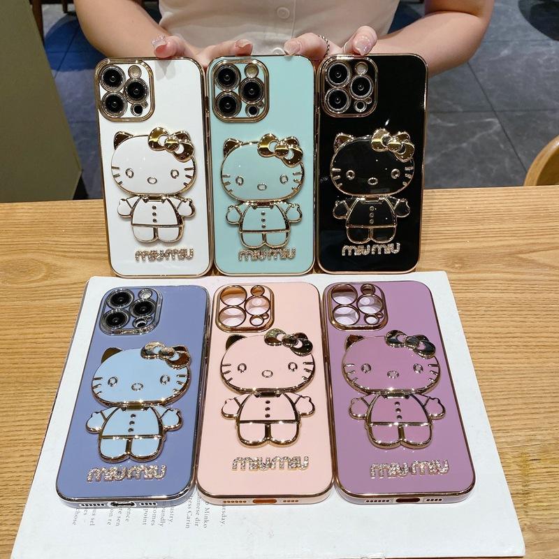 Applicable To Apple 17KT Cat Makeup Mirror Mobile Phone Case iPhone16Pro Bracket 15 Electroplating 14 Fashion Soft