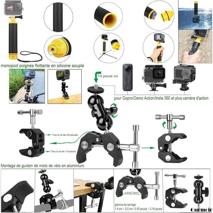 Gurmoir Kit Accessoires Gopro/Osmo/Insta360: Guidon Vélo, Sangle Casque, Selfie Stick