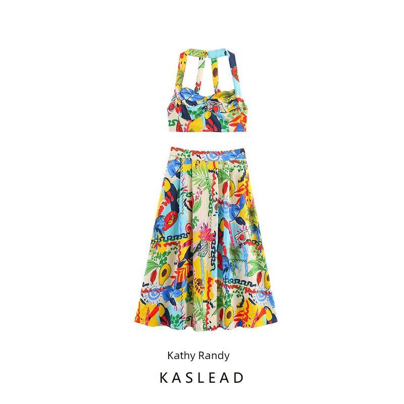 Kaslead New Women Clothes Western Style Fashion Print Short Top Skirt 86641358669135