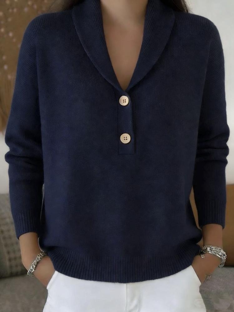 Women Shawl Collar Button Front Knit Sweater Long Sleeve Ribbed Trim Pullover Top