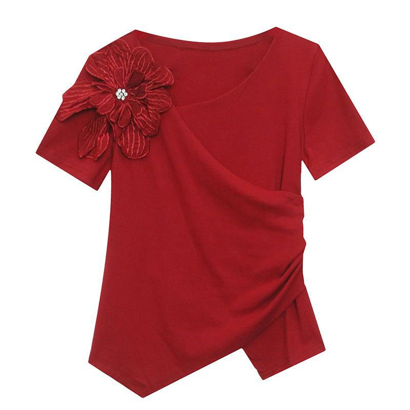 Slimming Irregular Summer 2024 Women's T-shirt: Trendy Foreign Style Short Sleeve Design