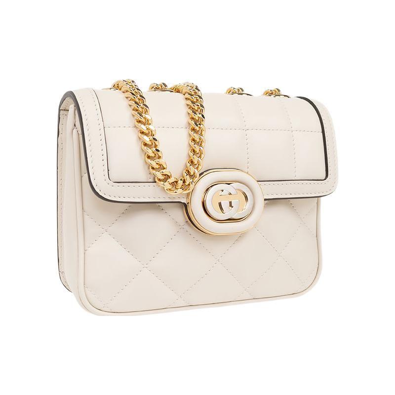 Gucci GG Marmont White Quilted Leather Chain Bag,G Hardware Gold Strap, Women's Flap Closure Crossbody Handbag for Daily Party 741457-AAB1Q-9022