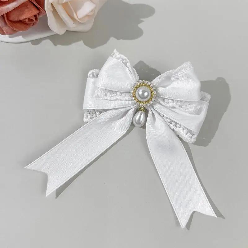1pc Sweet Cute Pearl Lace Bow Hair Clip High-end Feminine Multi-color Satin Lolita Hair Accessory Fashionable Back Headwear
