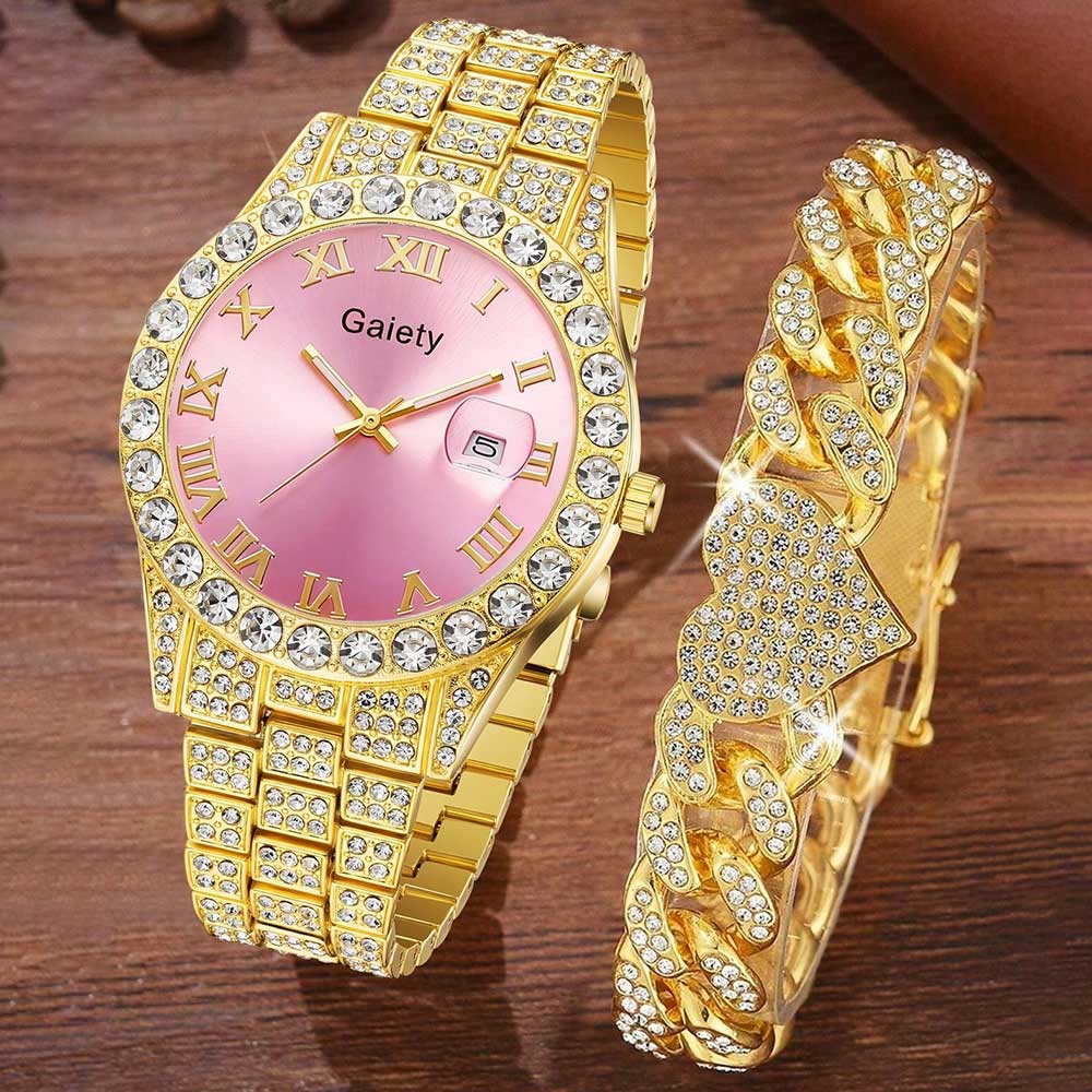 

2PCS Luxury Women s Watch Set Fashionable and Elegant Diamond Elements with Calendar Quartz Watch Bracelet Set Perfect Gift золотий
