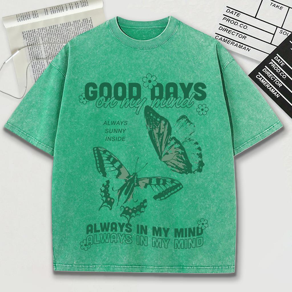 Good Days On My Mund Print Men Washed Tee Shirts Soft Cotton T-Shirt Crewneck Casualwear Street Unisex Short Sleeve
