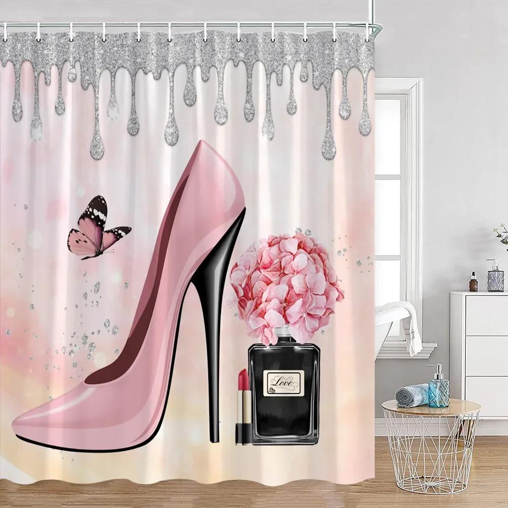 Pink Perfume Shower Curtain Cosmetic Lip Flower Panther Pattern Bathroom Decorations Shower Curtain