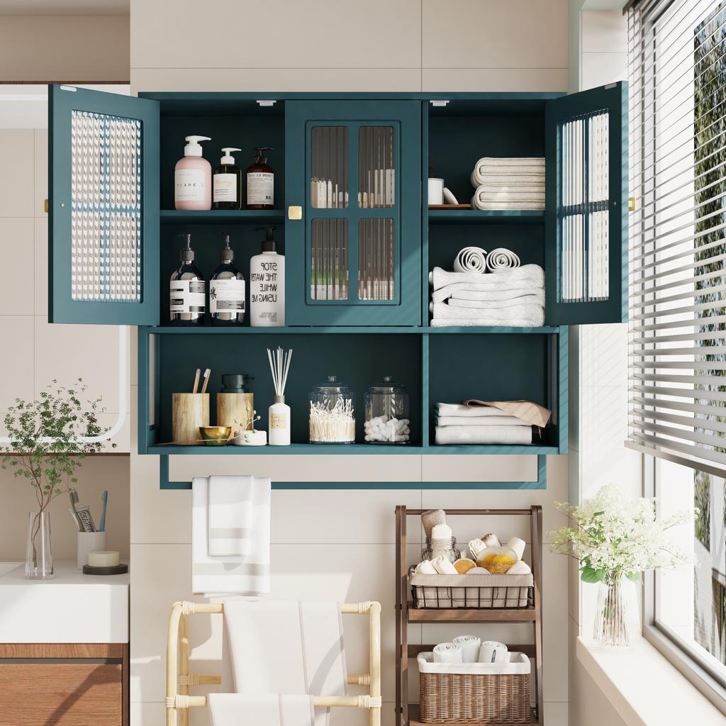 Bathroom Wall Cabinet, 3-Door, Open and Hidden Storage, Glass Door, Towel Bar, for Entryway Living Room Bathroom Dining Room, Dark Green