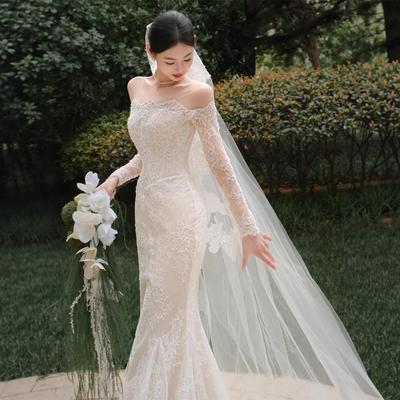 One-word Shoulder Bridal Light Wedding Dress Lace French Retro Long-sleeved Beautiful Welcome Dress Debut Banquet Fish Tail Evening Dress