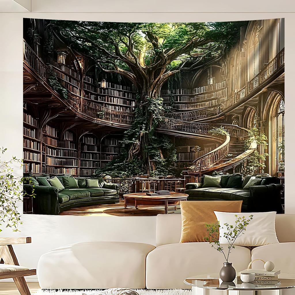 Magic School Bookshelf Tapestry Study Room Picture Large Book Tree House Medieval Tapestries Dorm Wall Art for Home Decor