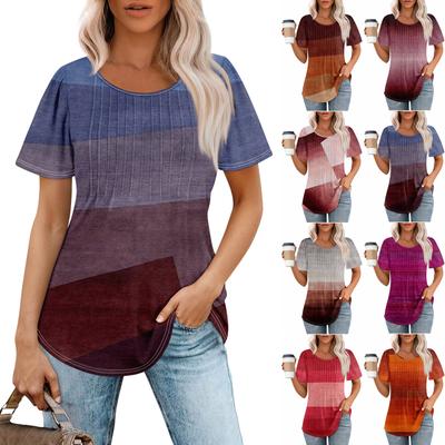 Women's Fashionable Casual Pleated Round Neck Printed Short Sleeved T-shirt Top