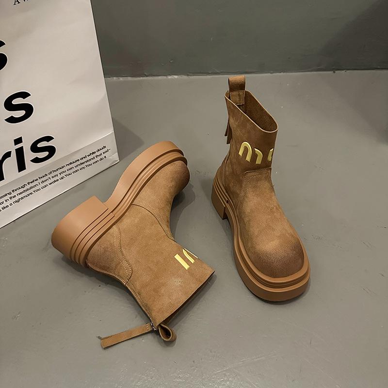 European Station Women's Boots 2025 Autumn New Leather Thick-soled Heightened and Thin Elastic Martin Boots Short Boots Women