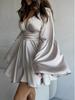 European & American Party Satin Bell Sleeve V-neck Waist-Cinching Short Dress