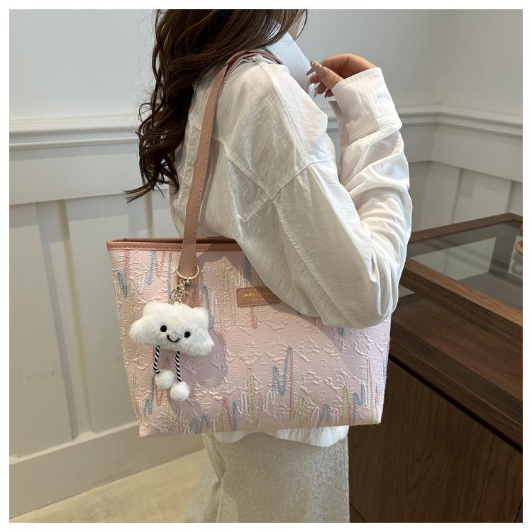 Women's Canvas Tote Bag with Embroidery, Large Capacity Casual Shoulder Bag for School and Work, Striped Design with Cloud Charm