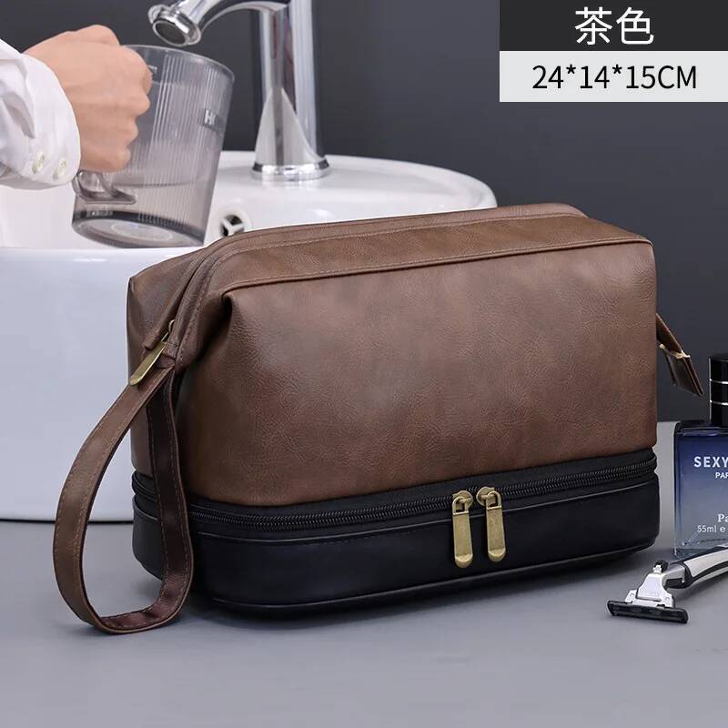 PU Leather Double Layer Toiletry Bag For Men Vintage Wet Dry Separation Cosmetic Bag Large Capacity Dopp Kit For Bathroom