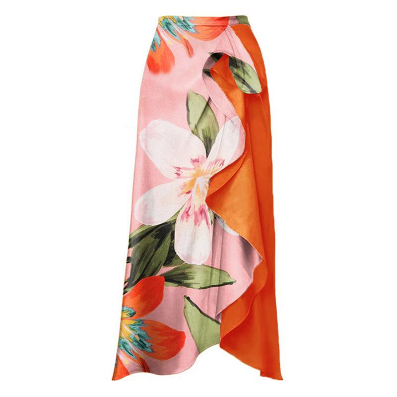 

Европейское и американское цветочное миди-платье: Отпускной стиль и повседневная посадка для женщин Large оранжевый