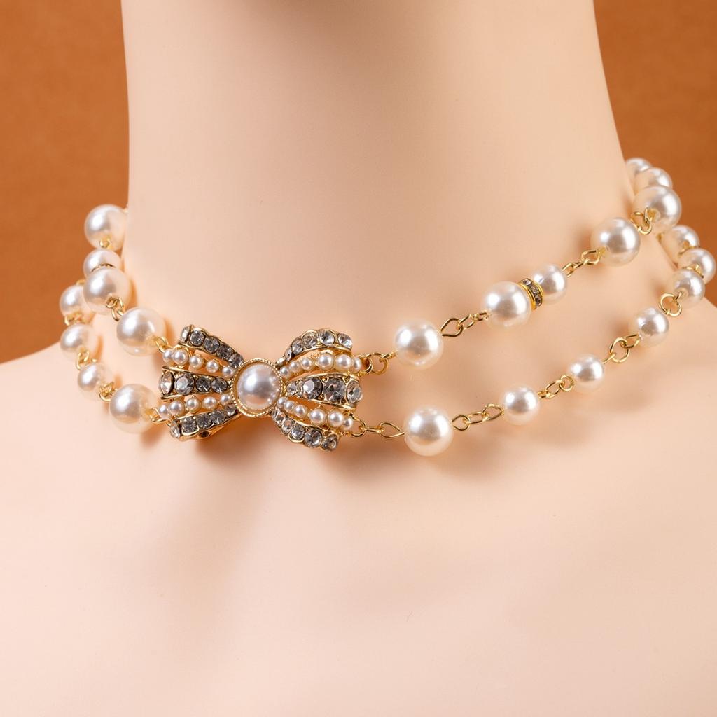 Pearl inlaid bow zircon temperament elegant double clavicle chain